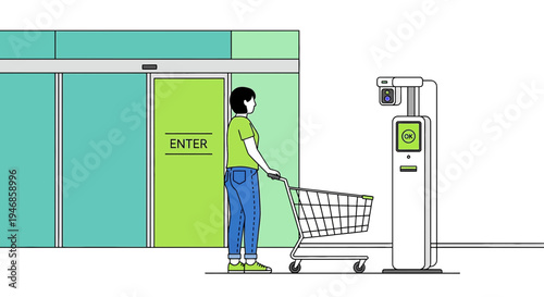 Customer entering store with shopping cart, using self-checkout kiosk