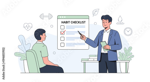Coach guiding client through habit checklist for personal growth and self-improvement