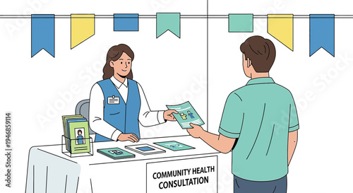 Community health consultation event, volunteer gives brochure to visitor
