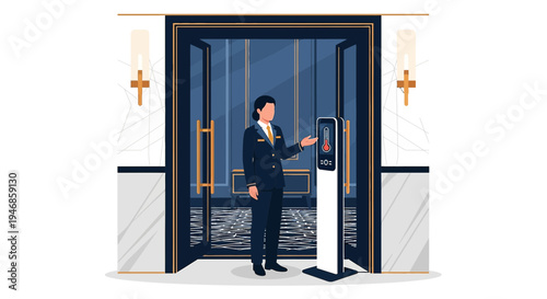 Concierge assisting with temperature check at hotel entrance, safety measures