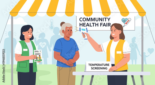 Community health fair screening, nurse checks temperature of elderly woman, outdoor event