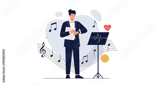 Conductor leading orchestra with musical notes and heartbeat graphic, symbolizing passion for music