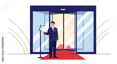 Concierge with temperature scanner at hotel entrance, thermal camera, safety measures