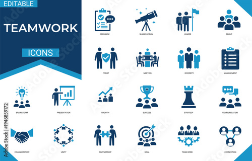 Teamwork solid icon set featuring collaboration, partnership, leadership, unity, community, cooperation, and group. Professional editable vector illustration.
