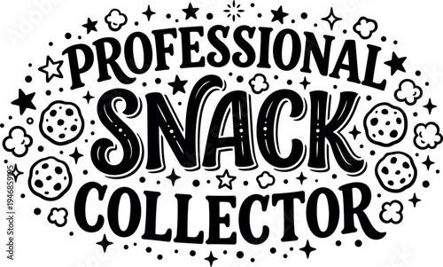 Black and white bold typography professional snack collector text with cookie and popcorn icons surrounding letters vector art design