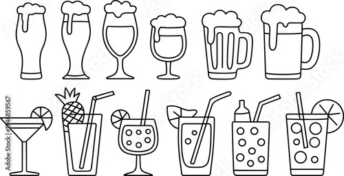 Beer and cocktail drink icons set with glasses mugs straws and garnish line art beverage vector illustration