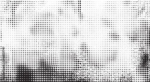 Black and white halftone dot pattern texture, abstract distressed background, gritty vintage feel, copy space, screen print, fine art, halftone dots