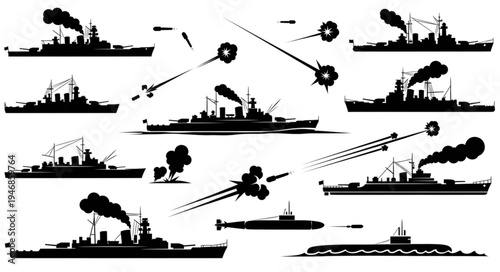 Collection of Silhouette Warships and Submarines in Action.