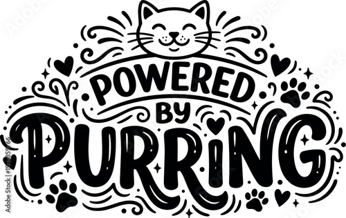 Playful black and white vector art of smiling cat powered by purring text with hearts and paw prints decoration