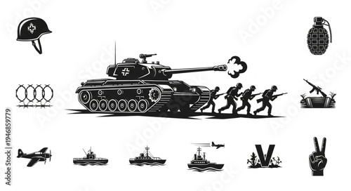 Military theme with tank soldiers and weapons illustration.