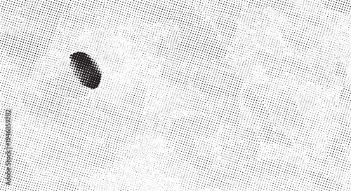 Single black ellipse spot on distressed halftone dot pattern background with graphic design with design element with vintage print with digital art with halftone texture