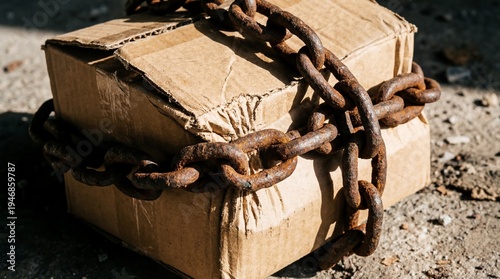 A cardboard shipping box tightly wrapped with heavy rusty iron chains, symbolizing transport stagnation, economic sanctions, and logistics deadlock