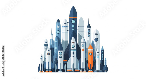 Collection of diverse rockets and spacecraft ready for launch.