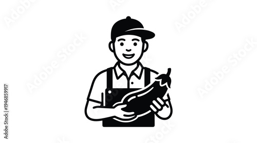Friendly man in an apron and cap holding a fresh eggplant. Ideal vector for healthy food, agriculture, grocery, farming, and organic produce designs.