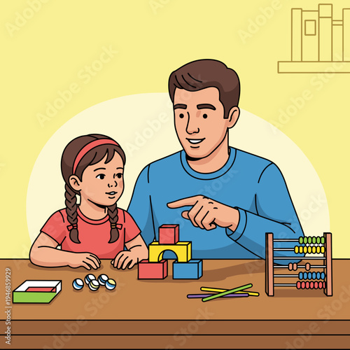 Man and girl playing with blocks.