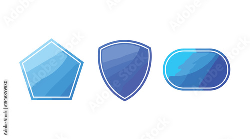 A set of three modern blue vector shapes featuring a pentagon, shield, and rounded rectangle. Dynamic layered color fills and crisp white outlines. Ideal for web design, UI elements, icons