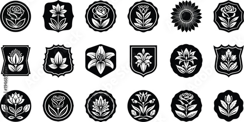 Black and white floral emblems and shields