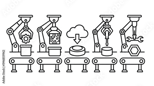 Linear vector illustration depicting industrial robotic arms performing various automated tasks like manufacturing, data transfer, and maintenance, ideal for technology, AI, or industry designs.