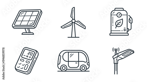Clean line art icons representing sustainable energy, smart city tech, and modern innovations. Ideal for websites, presentations, and educational materials.