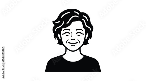 Black and white vector illustration of a happy, smiling senior woman with short curly hair, exuding a friendly and approachable mood. Ideal for avatars, icons, or UI elements.