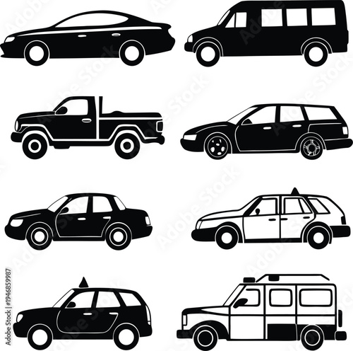 Eight black and white vehicle including cars vans and a pickup truck vehicle black and white sedan d