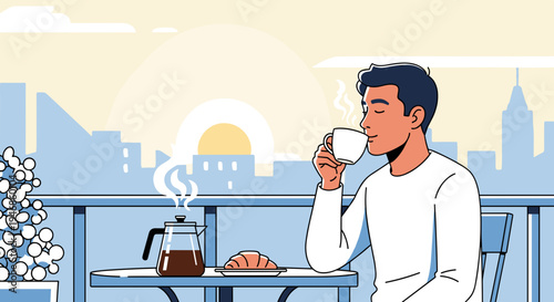 Man drinking coffee on balcony.