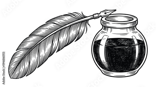 Detailed vintage quill pen and inkwell illustration. Classic, elegant vector art for history, literature, education, and creative projects. Hand-drawn style for a sophisticated touch.