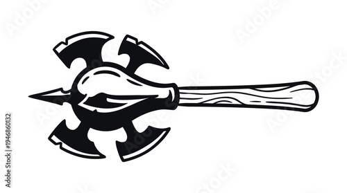 Stylized vector of a formidable tribal fantasy mace weapon in black and white. Ideal for gaming, historical content, icons, or powerful graphic design.
