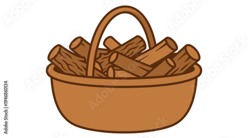 Simple vector illustration of a brown basket overflowing with firewood logs. Perfect for autumn, winter, camping, or cozy home themes. Clean graphic design for icons and web.