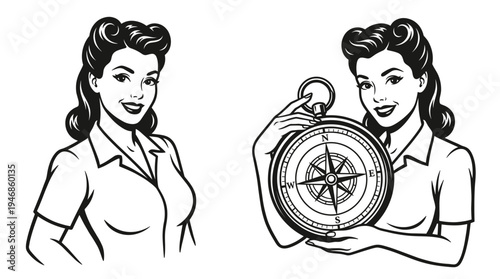 Confident retro woman vector illustrations. One smiling portrait, one holding a compass. Ideal for guidance, travel, and vintage-themed designs or branding.
