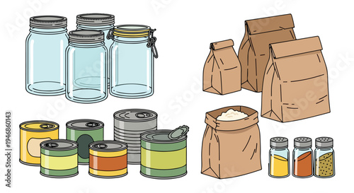 Illustration of assorted non-perishable food items including jars, cans, and paper bags on a plain white background.