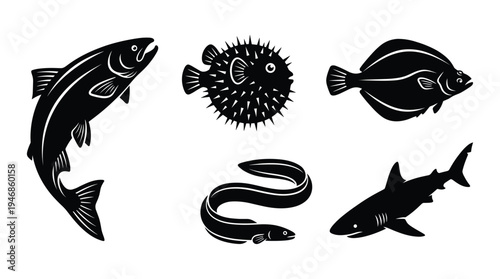 Vector set of diverse fish silhouettes including salmon, pufferfish, flounder, eel, and shark. Ideal for menus, logos, packaging, and ocean-themed designs.