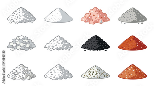 Vector cartoon collection of various granular piles like salt, sugar, pepper, sand, and spices. Ideal for cooking, food, science, or educational designs.