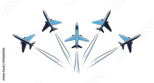 Five Blue Fighter Jets Flying.