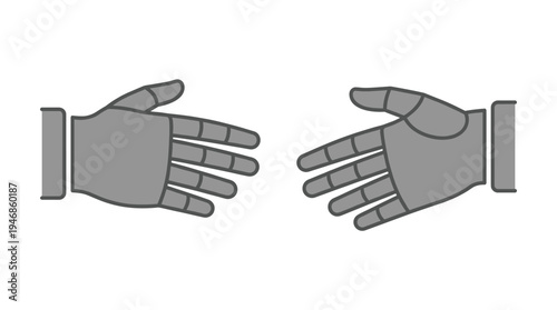 A vector illustration of two stylized grey robot hands, open and facing each other, symbolizing handshake, connection, or interaction. Perfect for technology, AI, business, or future concepts.