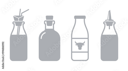 Modern vector icons depicting various food and drink bottles: juice with straws, corked, milk, and dispenser. Ideal for UI, infographics, menus, and apps.