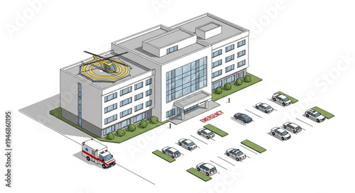 Modern Hospital Building with Helicopter Pad and Vehicles.