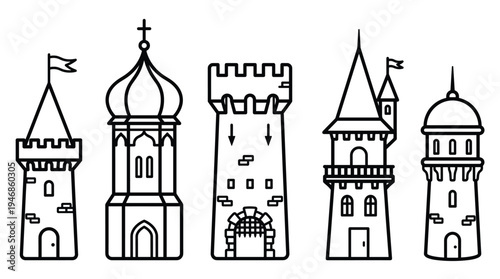 Vector collection of five outline towers: medieval castles, church, and fantasy structures. Perfect for icons, game design, educational content, and web elements.