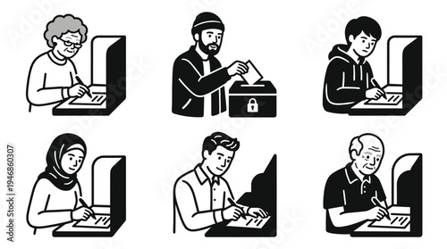 Diverse group of people casting votes and filling forms, representing democratic participation. Ideal for election, survey, and civic engagement materials.