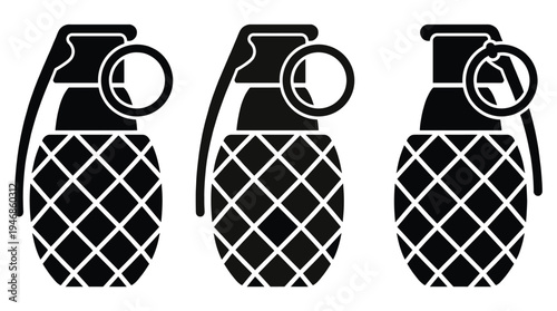 A set of military hand grenade icons. Black and white vector illustration of a weapon for concepts like danger, war, army, or conflict. Perfect for logo or graphic design.