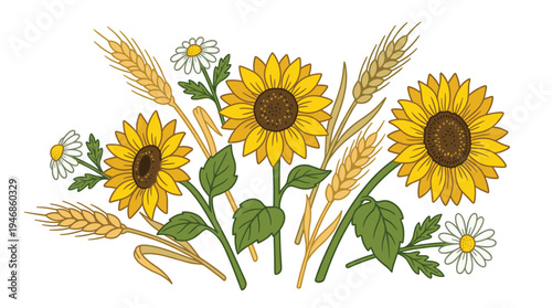 A cheerful vector illustration of a summer bouquet with sunflowers, wheat, and daisies. Perfect for rustic, farm, or harvest themes, organic products, and greeting cards.
