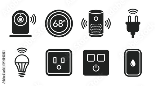 A set of modern black glyph icons for smart home technology and automation. Includes camera, thermostat, speaker, and lighting symbols. Perfect for web, app, and interface design.