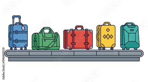 Colorful suitcases and bags on an airport baggage claim conveyor belt. Vector line art illustration for travel, tourism, vacation, and transportation concepts.