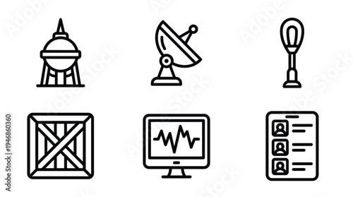 A set of versatile line art icons representing technology, industry, science, and data concepts. Ideal for modern web, app, or infographic design, conveying clarity and functionality.