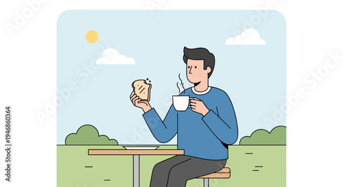 Man sitting outdoors with coffee cup.