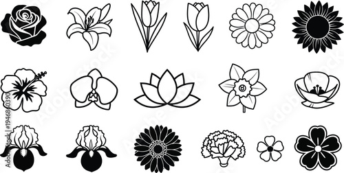 Black and white floral flowers line symbols roses