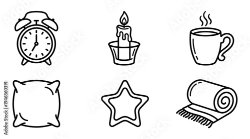 A set of six minimalist black line icons for sleep, comfort, and cozy routines. Includes alarm clock, candle, mug, pillow, star, and blanket. Perfect for web design.