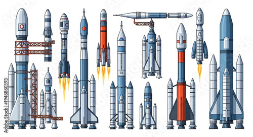 Collection of various rockets and spacecraft designs.