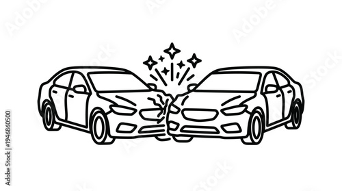 Simple black line art icon of two cars in a head-on collision. This minimalist vector drawing illustrates an accident, ideal for insurance, safety or legal service concepts.