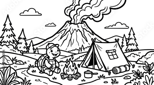 Flat design smiling camper sitting by campfire near tent with rolled sleeping bag volcano smoke and pine trees in outdoor adventure scene